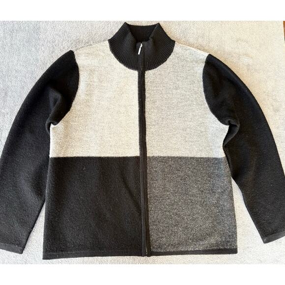 Talbots Sweater Size L Black Gray Colorblock 100% Wool Full Zip Cardigan Mock - Picture 1 of 6